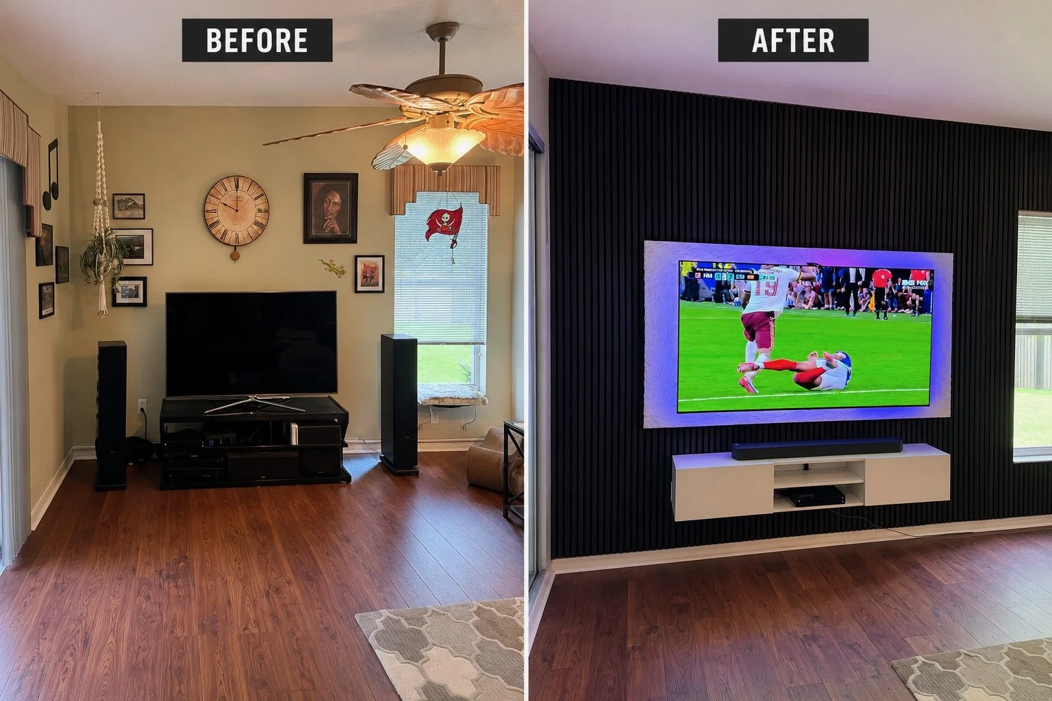 Before and after comparison showing the transformation from a traditional TV setup to a custom black slat media wall with floating cabinet in Tampa, Florida.