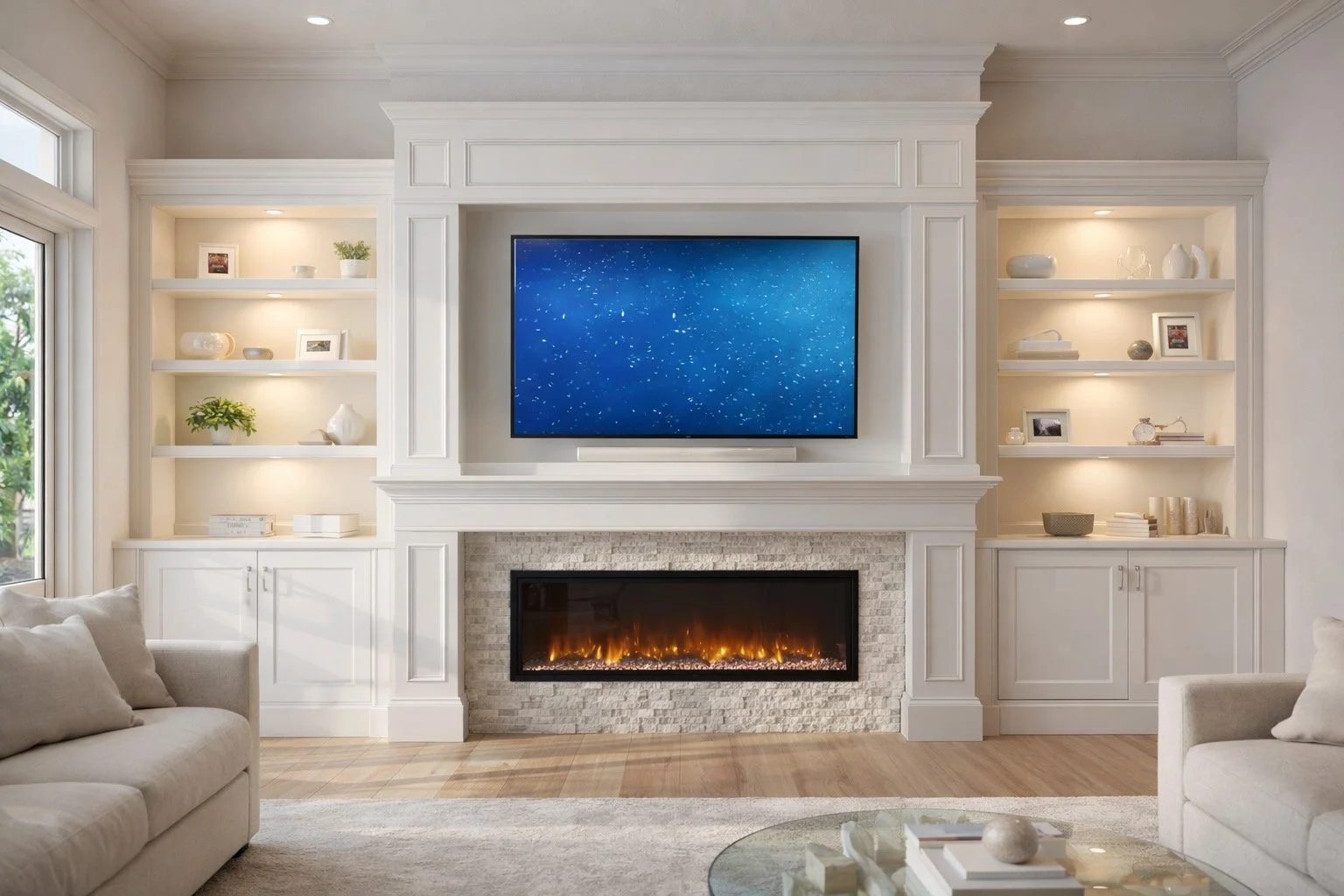 Living room with a white fireplace, built-in shelves, a flat-screen TV, and a gray sofa.