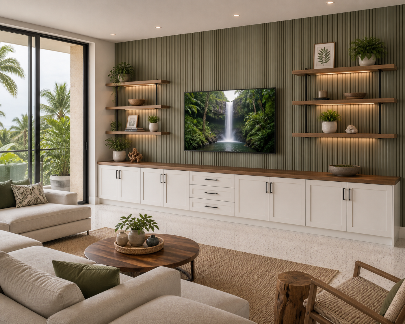 Living room with beige couches, a round wooden coffee table with plants, large sliding glass door, and a wall-mounted TV displaying a waterfall scene, surrounded by decorative wood floating shelves with plants and framed artwork.