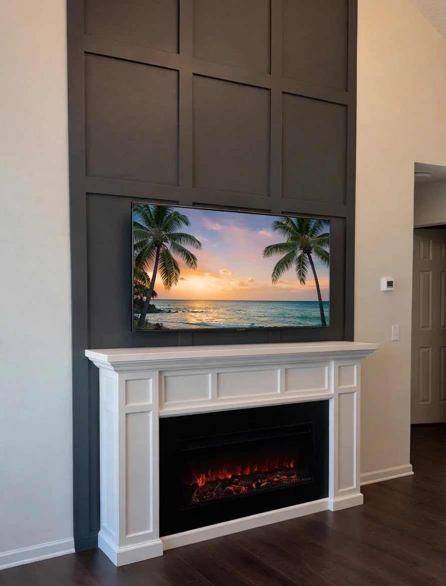 Living room with a white mantle fireplace, a flat-screen TV showing a beach scene with palm trees at sunset, and a modern wall panel background.