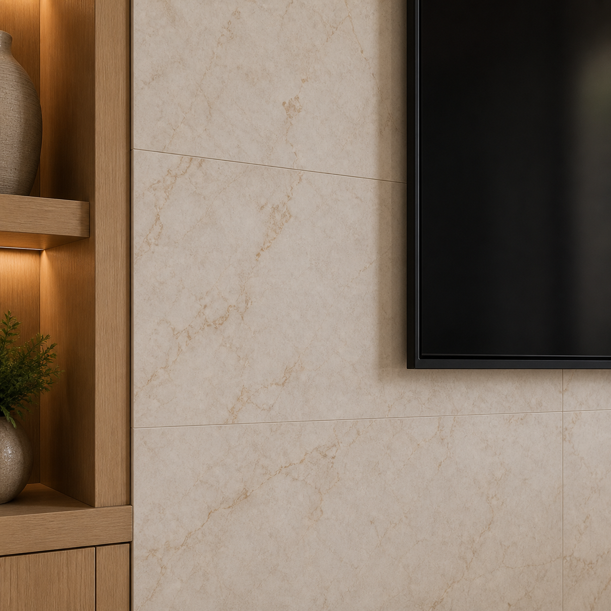 Close-up of beige marble wall with a mounted black television on the right and wooden shelves with decorative items on the left