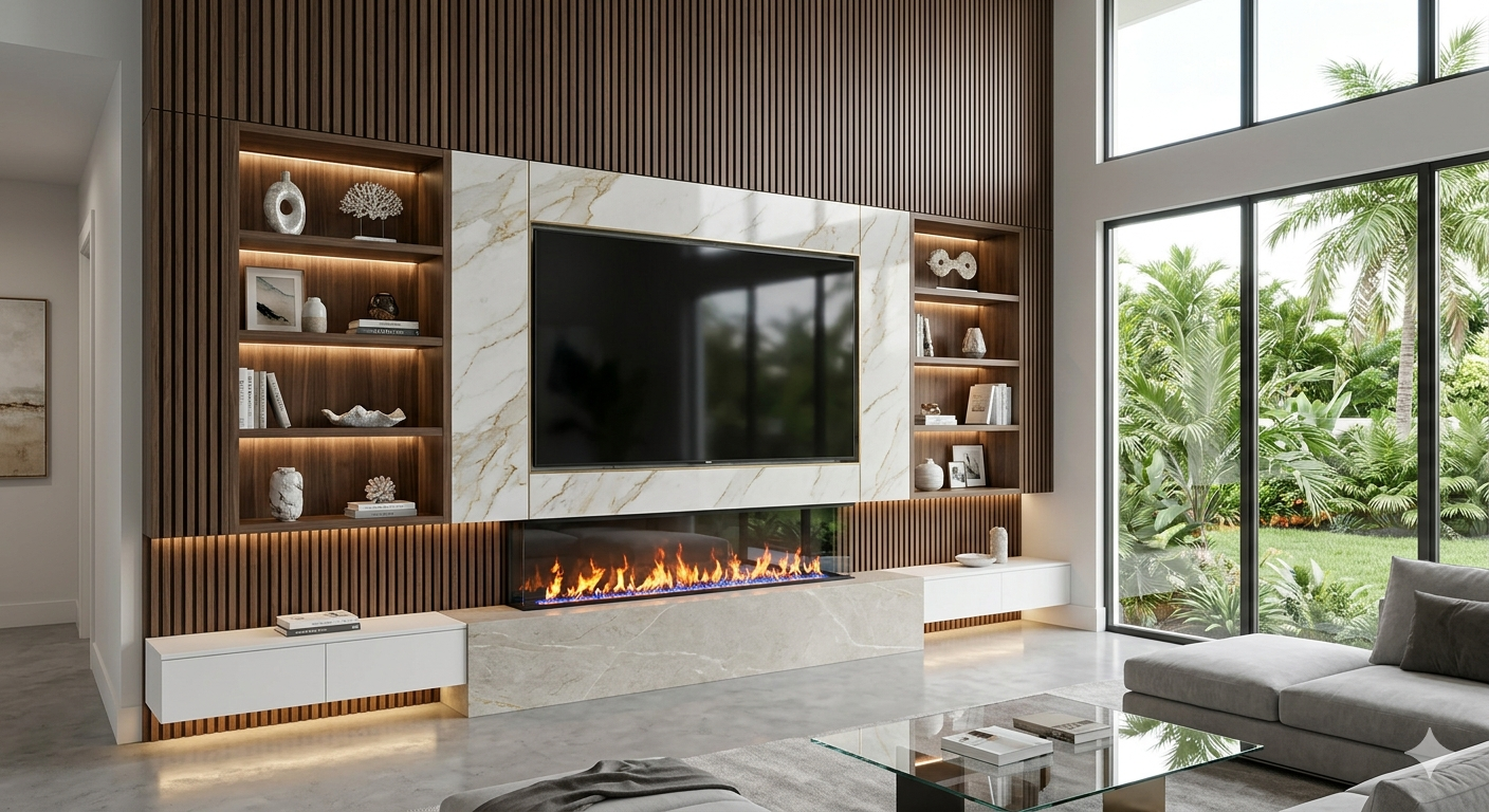 custom TV media wall installation in Florida coastal modern great room with fireplace and cabinets