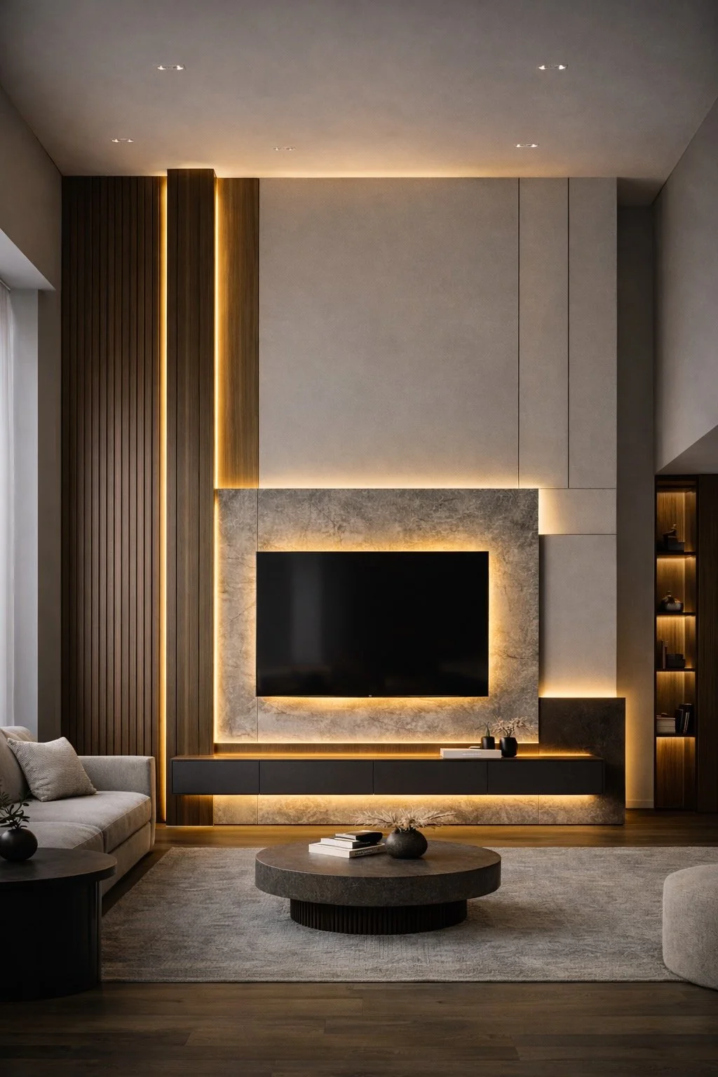 tall layered media wall with vertical wood panels and LED lighting