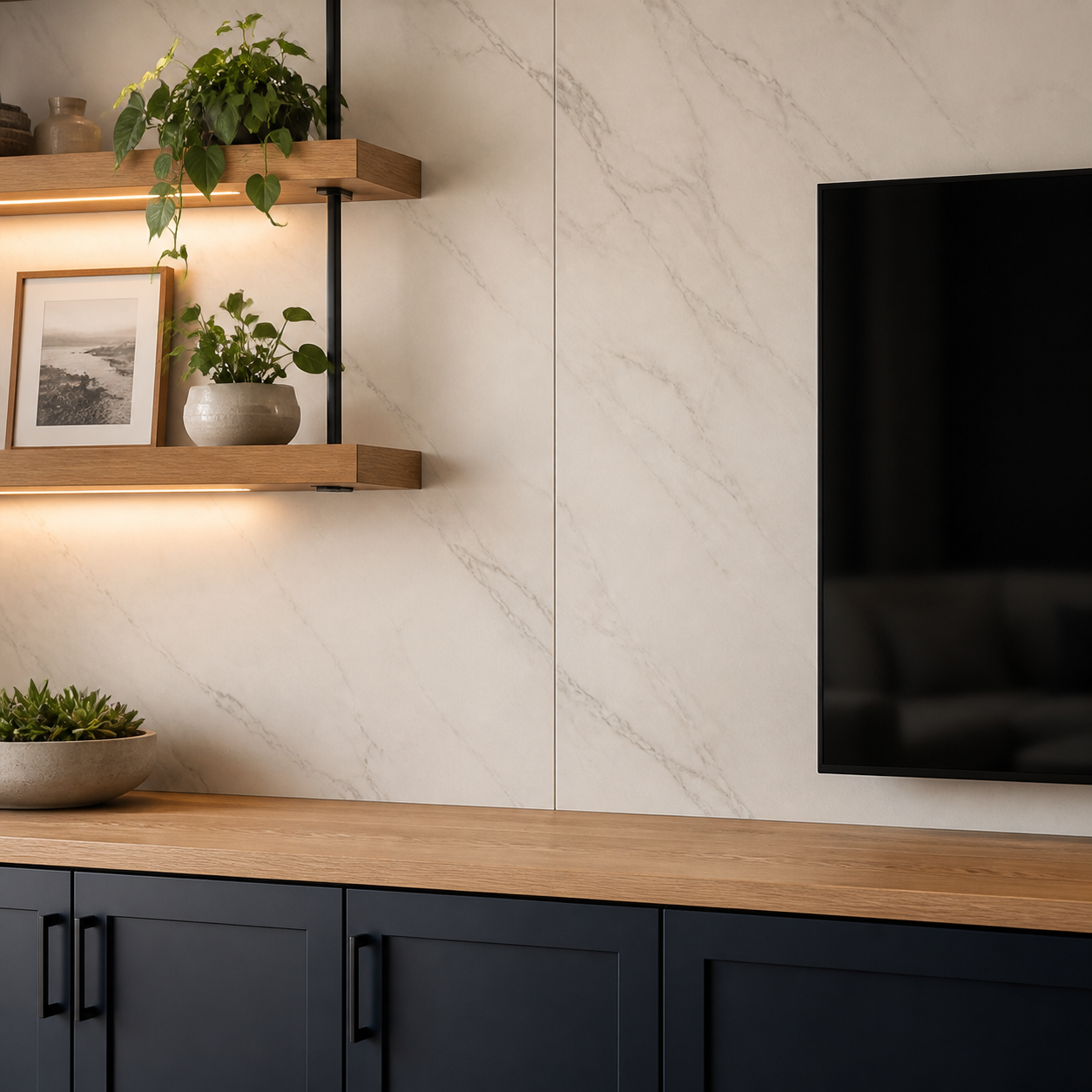Light marble-look panels with subtle veining in a custom entertainment accent wall
