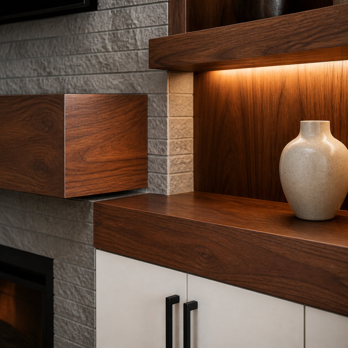 Close-up of a modern interior shelf with dark wood finish, a white ceramic vase, and illuminated background. The shelf is mounted on a wall with textured stone and wood panels.