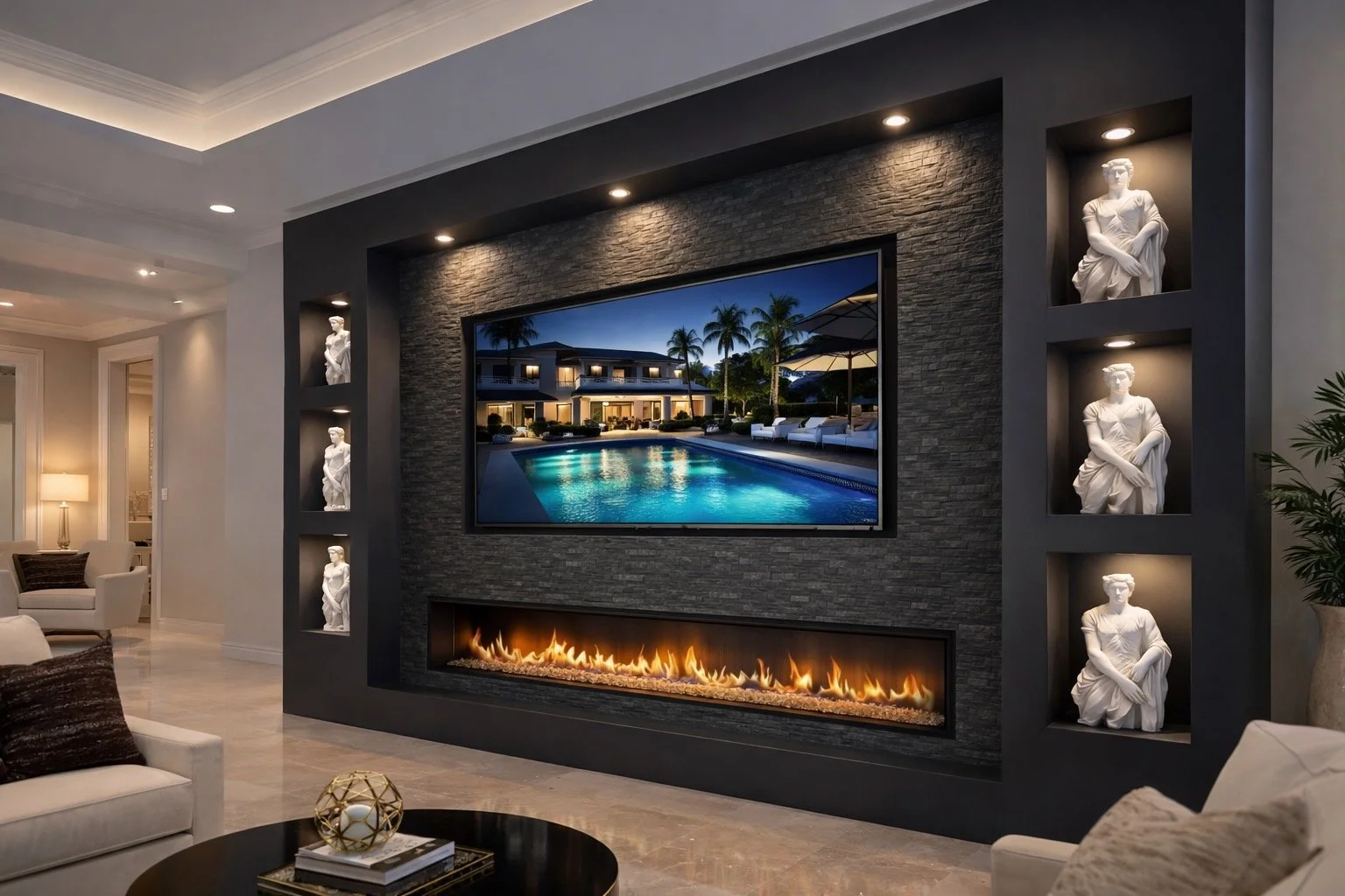 Modern living room featuring a wall-mounted flat-screen TV showing an outdoor scene with a pool, palm trees, and a house. Below the TV is a narrow, elongated fireplace with flames. The wall around the TV and fireplace is textured dark stone. Flanking the TV are built-in shelves with illuminated white statues of seated classical figures. Part of a white armchair with a dark pillow, a coffee table with a decorative object and books, and a potted plant are also visible.