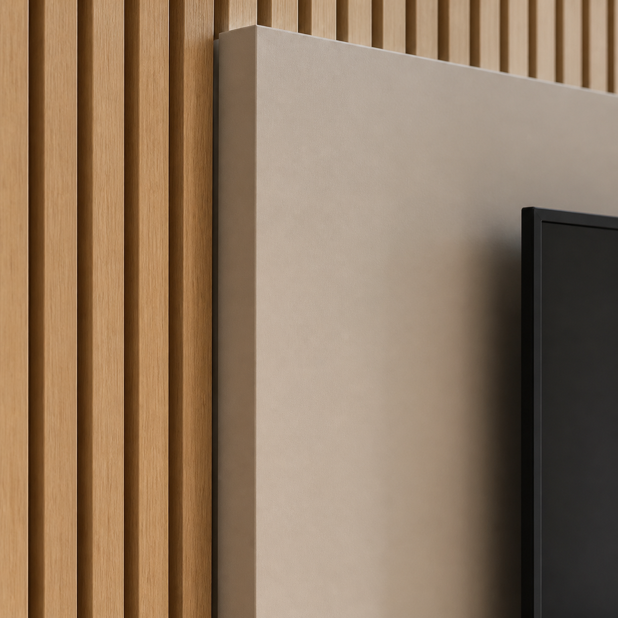 Professional warm greige paint finish on a floating TV panel beside natural oak slats