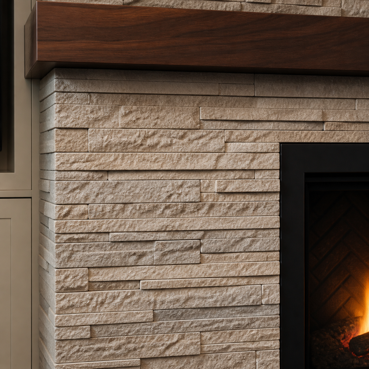 Close-up of a modern interior fireplace with beige textured stone surround, a wooden mantel, and black fireplace frame, with a warm glowing fire inside.