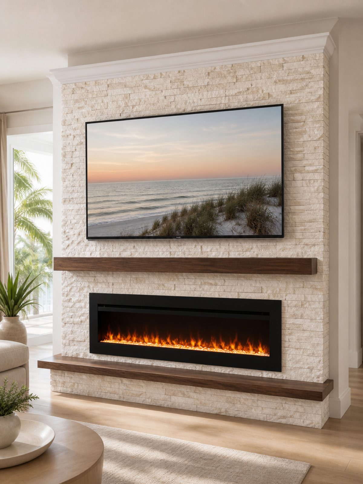 Vertical view of a Ledger Stone Fireplace Media Wall with a mounted TV, walnut mantel, linear electric fireplace, and matching lower bench