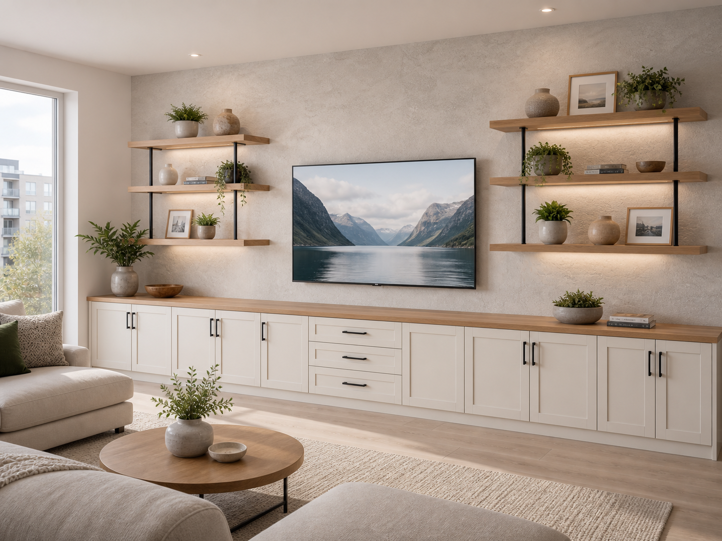 Modern living room with beige sofas, a round wooden coffee table, a large wall-mounted TV displaying a mountainous lake scene, white built-in storage with black handles, and wooden floating shelves decorated with potted plants, framed photos, and vas