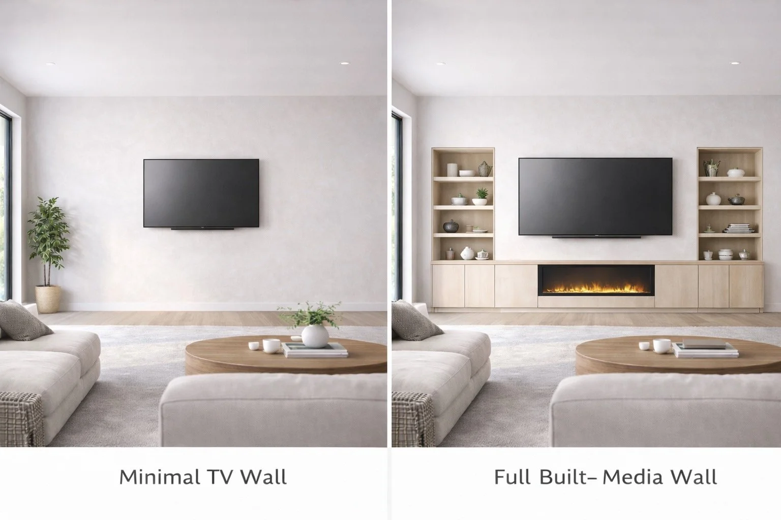 Comparison between a minimal TV wall and a full built-in media wall with fireplace in a Sarasota living room