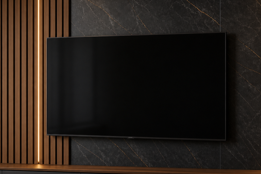 A flat-screen television mounted on a dark marbled wall with wooden slats on the side.