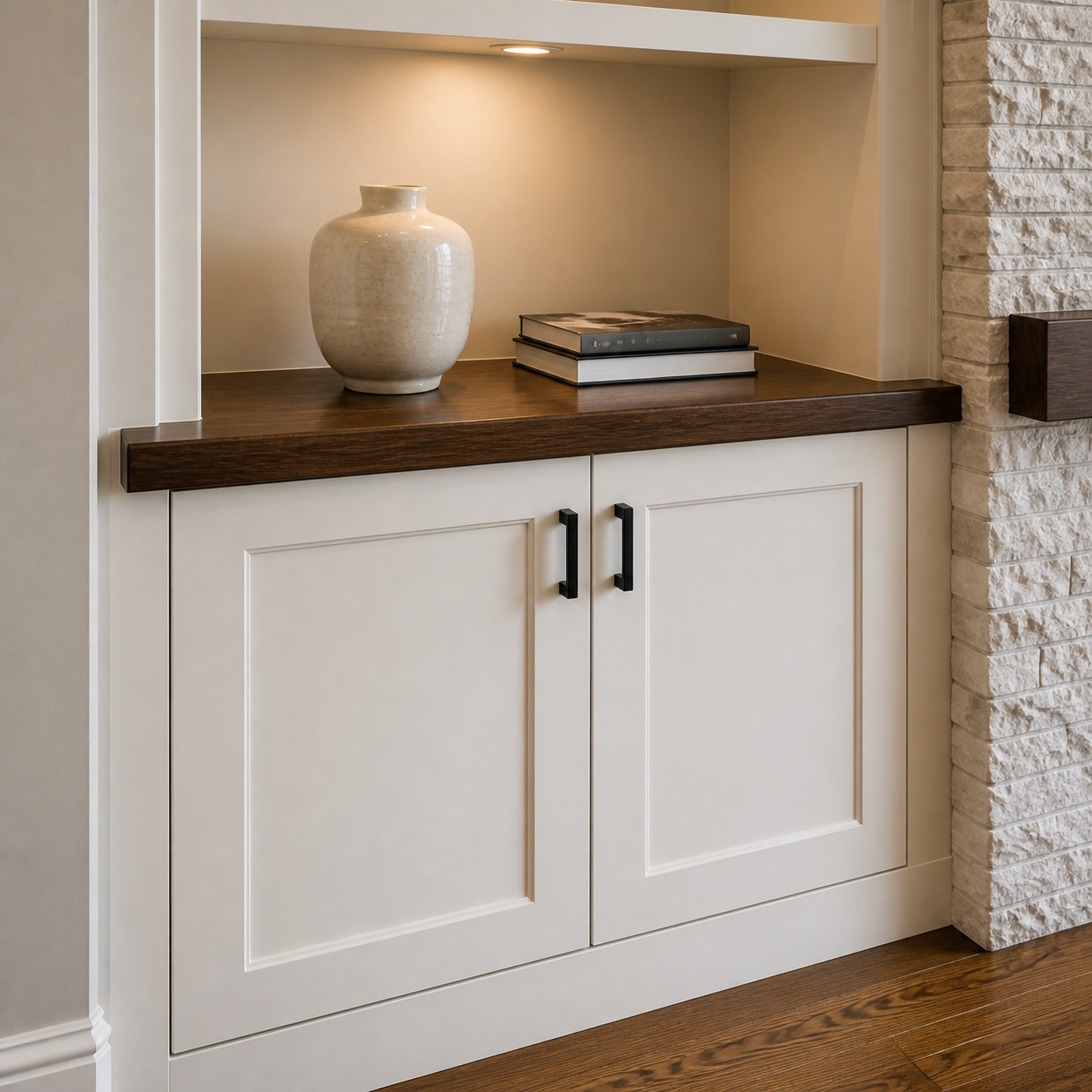 Warm white built-in storage cabinets with a walnut countertop and ledger stone detail