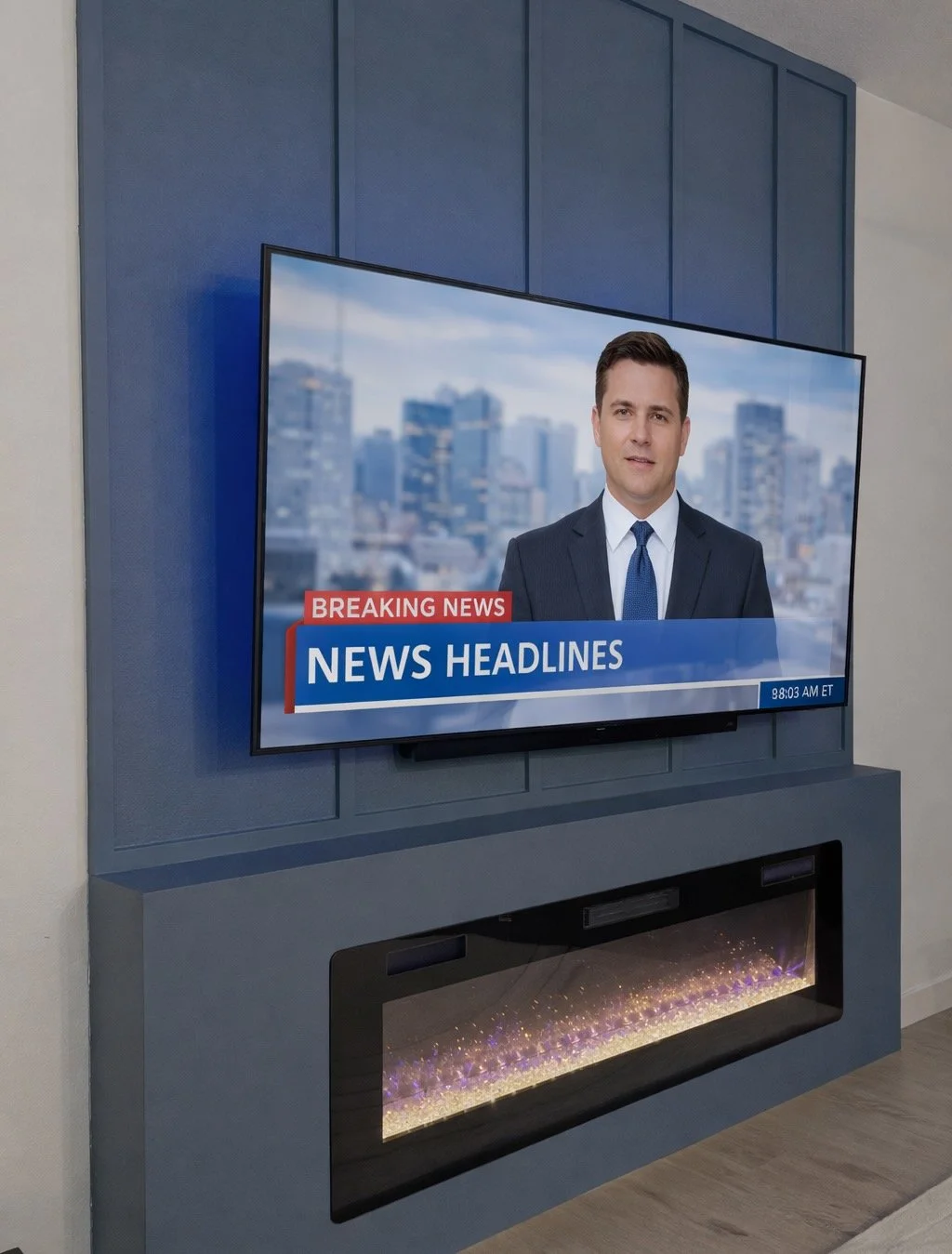 Flat-screen TV displaying news headlines with an anchor in a suit, mounted on a wall above a modern electric fireplace in a room with gray and blue decor.