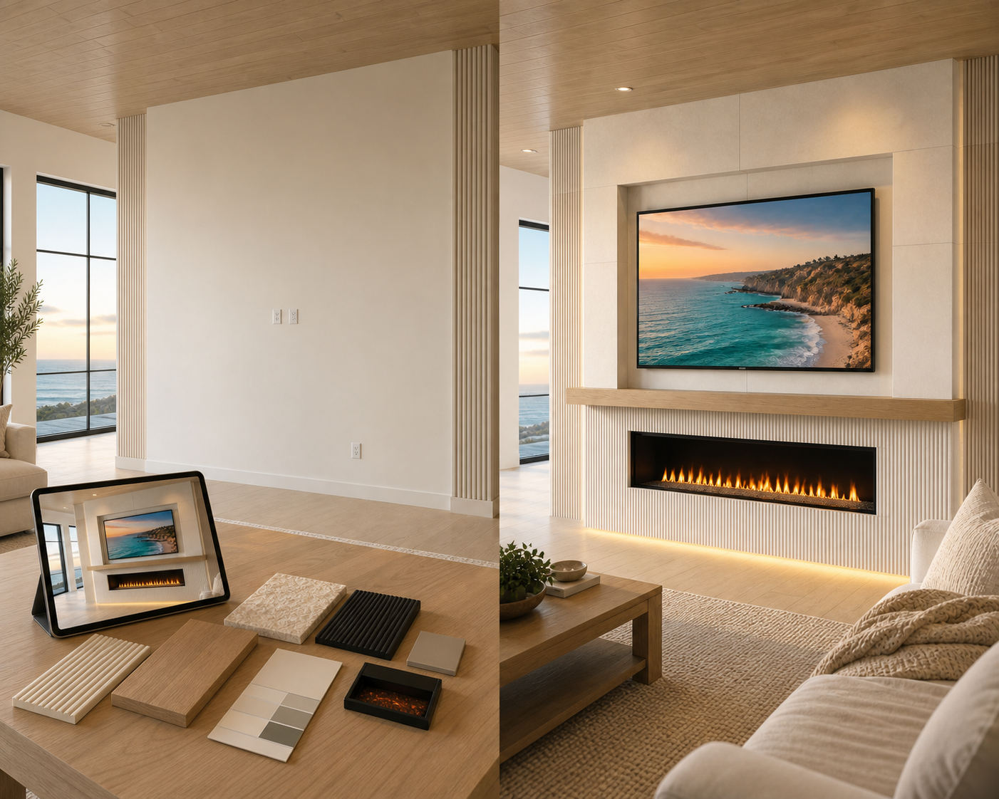 F Series media wall planning process with material samples and tablet rendering shown beside the completed fireplace media wall
