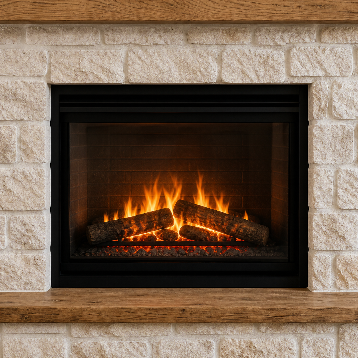 Traditional electric fireplace integrated into a Rough Cut Stone wall with a natural wood hearth