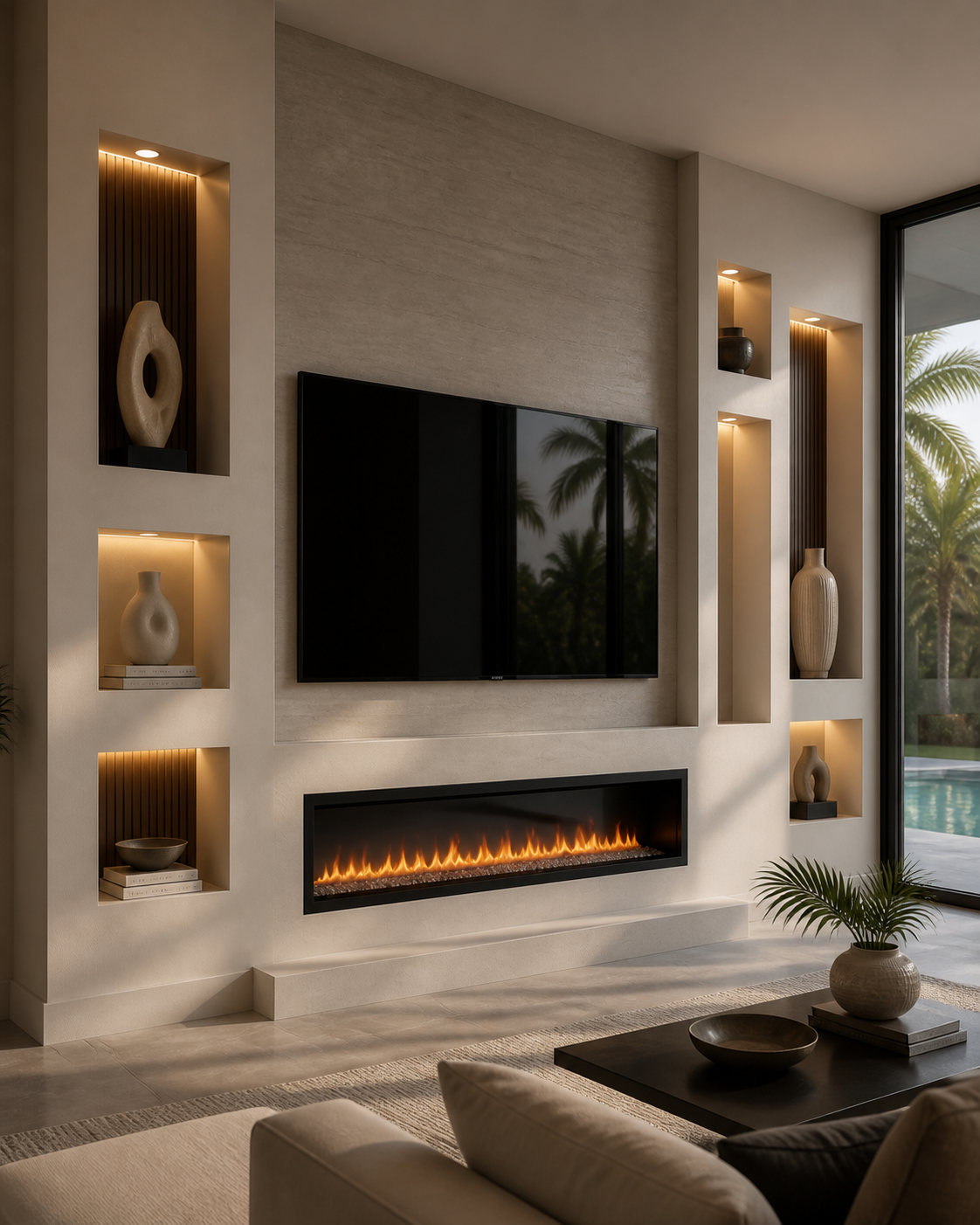 Modern niche media wall with asymmetrical illuminated display niches, integrated TV, and linear electric fireplace