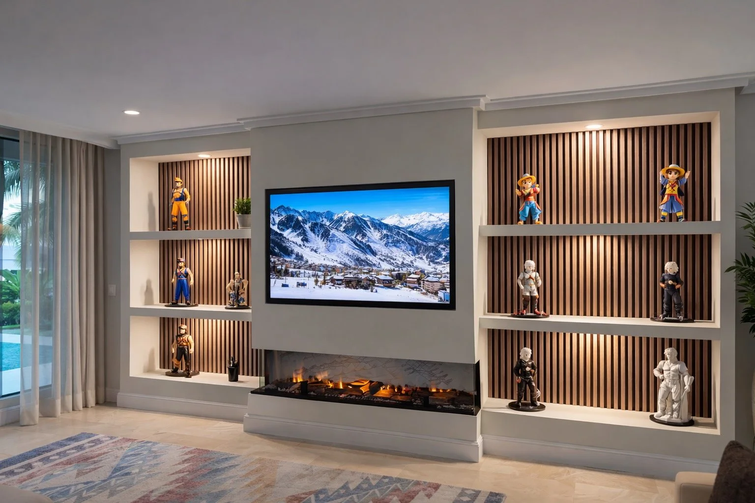 Modern living room with built-in shelves displaying anime figurines, a flat-screen TV showing snowy mountains, and a contemporary fireplace beneath the TV.