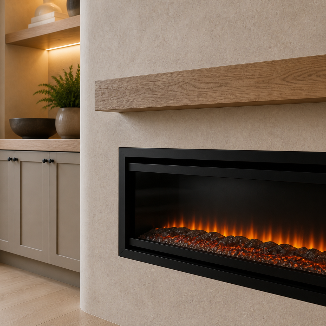 Linear electric fireplace, natural oak mantel, limewash surround, and warm integrated niche lighting