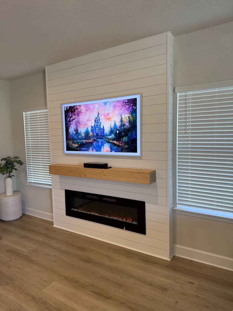 Shiplap Fireplace Media Wall with Frame TV – Tampa Project | Florida ...