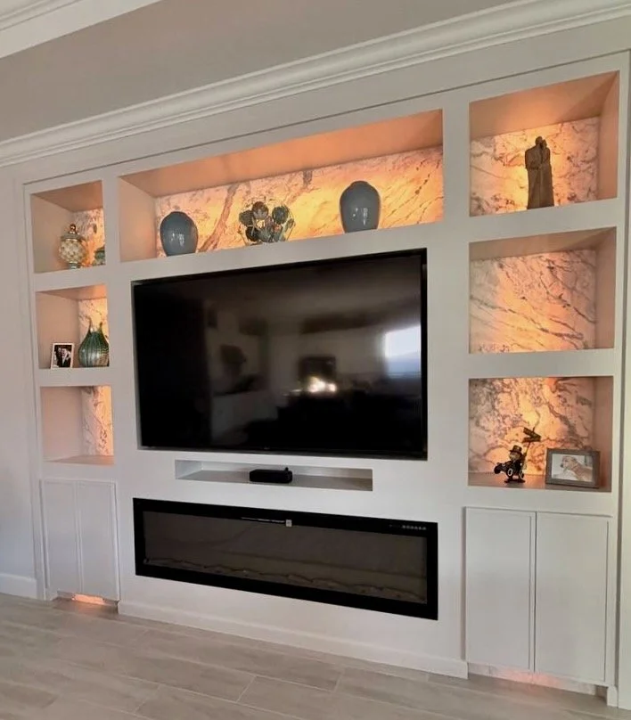 Modern Niche Media Wall with Backlit Decorative Panels in Tampa, Florida