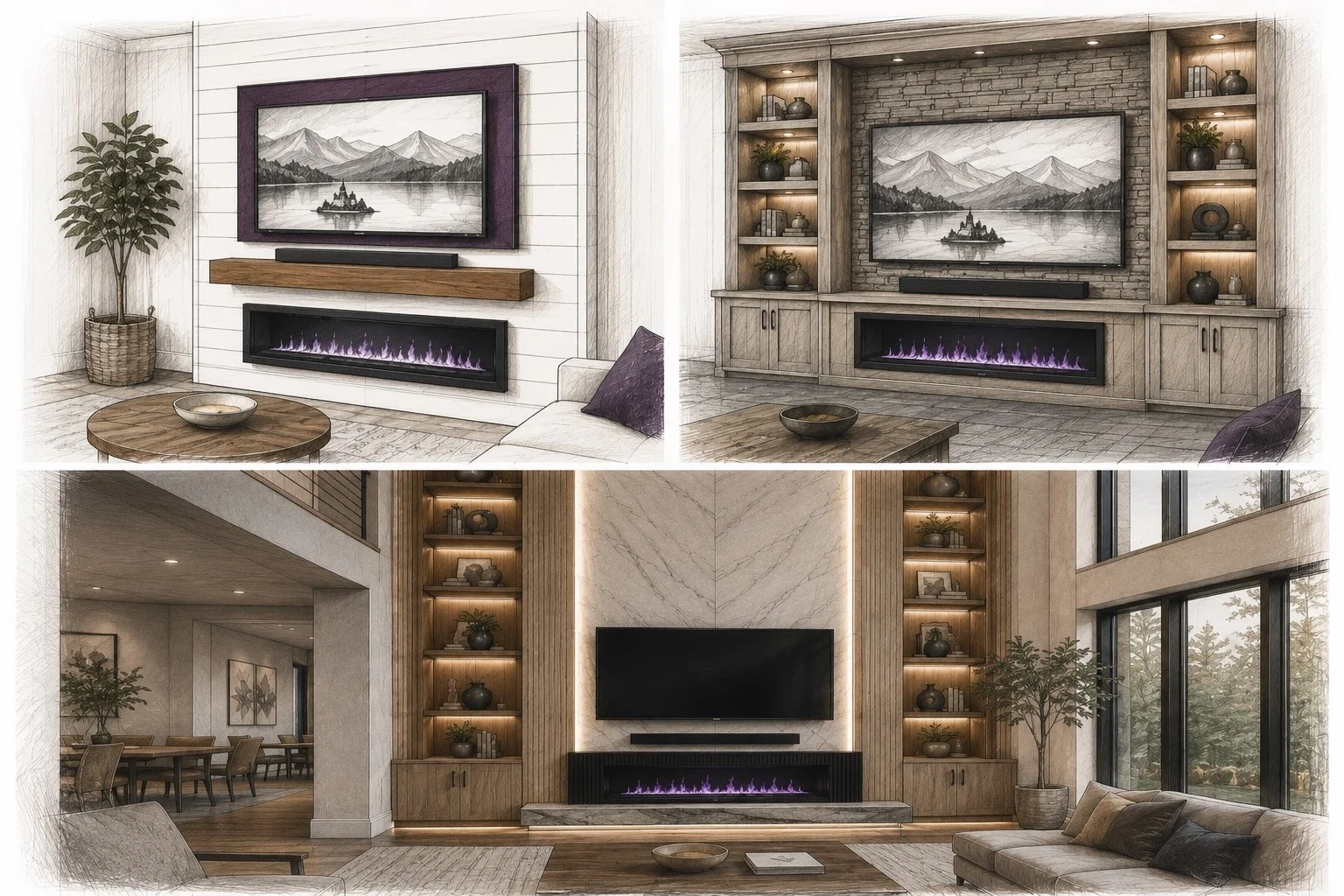 Architectural sketch collage showing fireplace media walls, built-in entertainment cabinetry, and a high-ceiling luxury media wall design