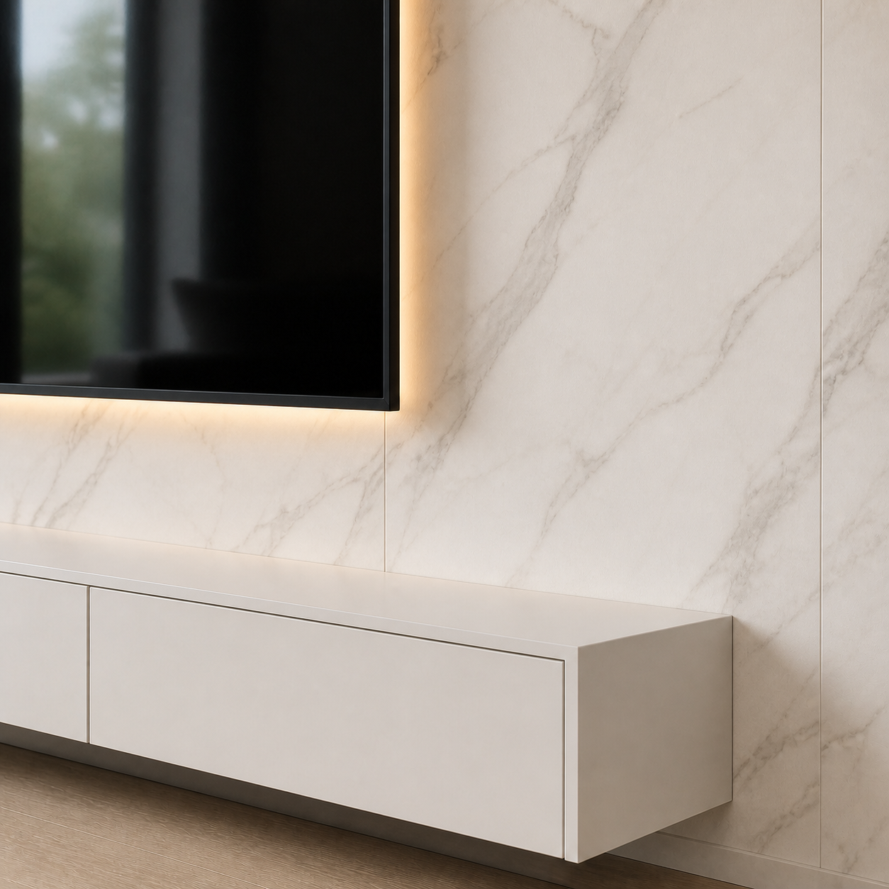 Close-up of a C1-001 media wall with warm white marble-look panels and a floating storage cabinet