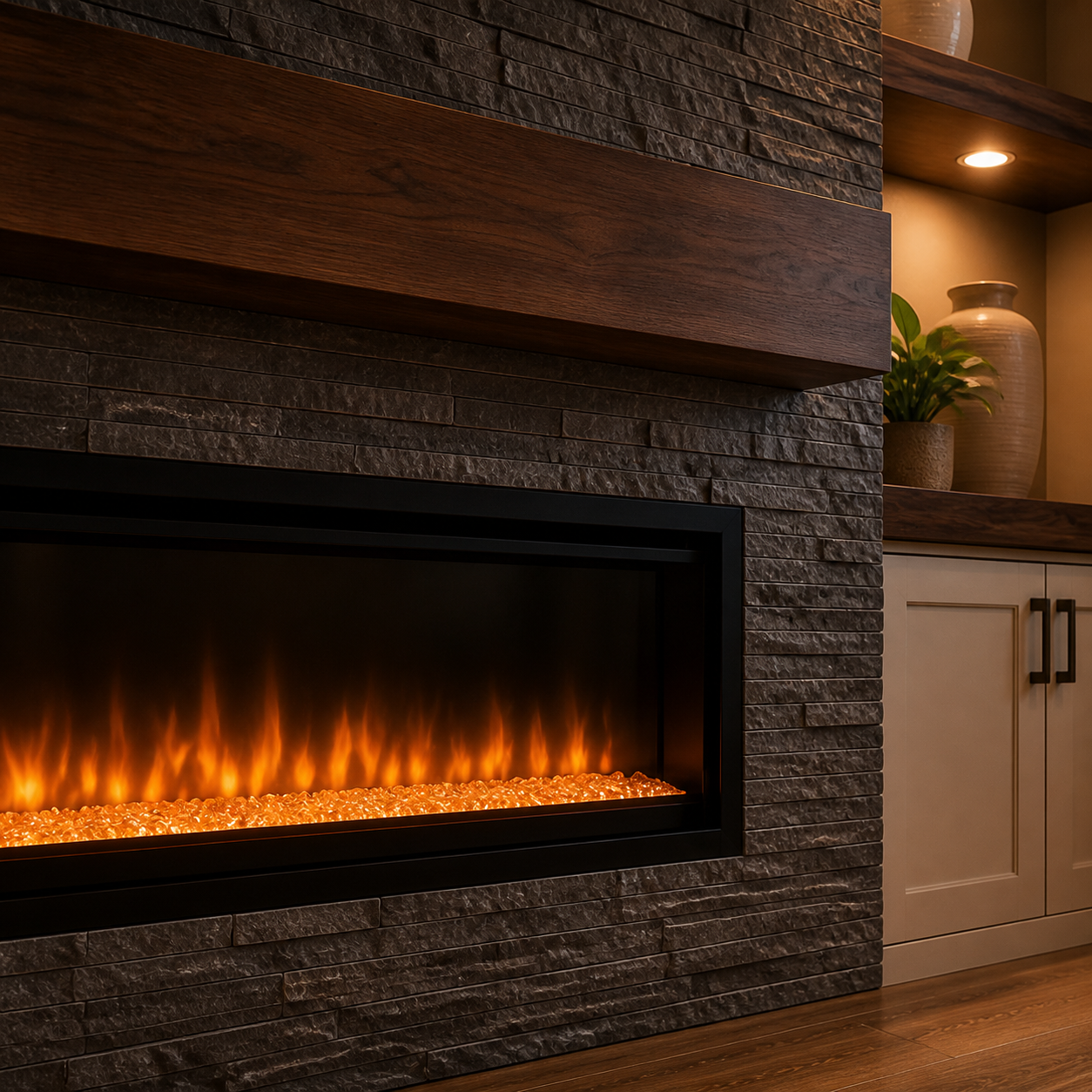 Linear electric fireplace integrated into dark ledger stone beside an illuminated display niche