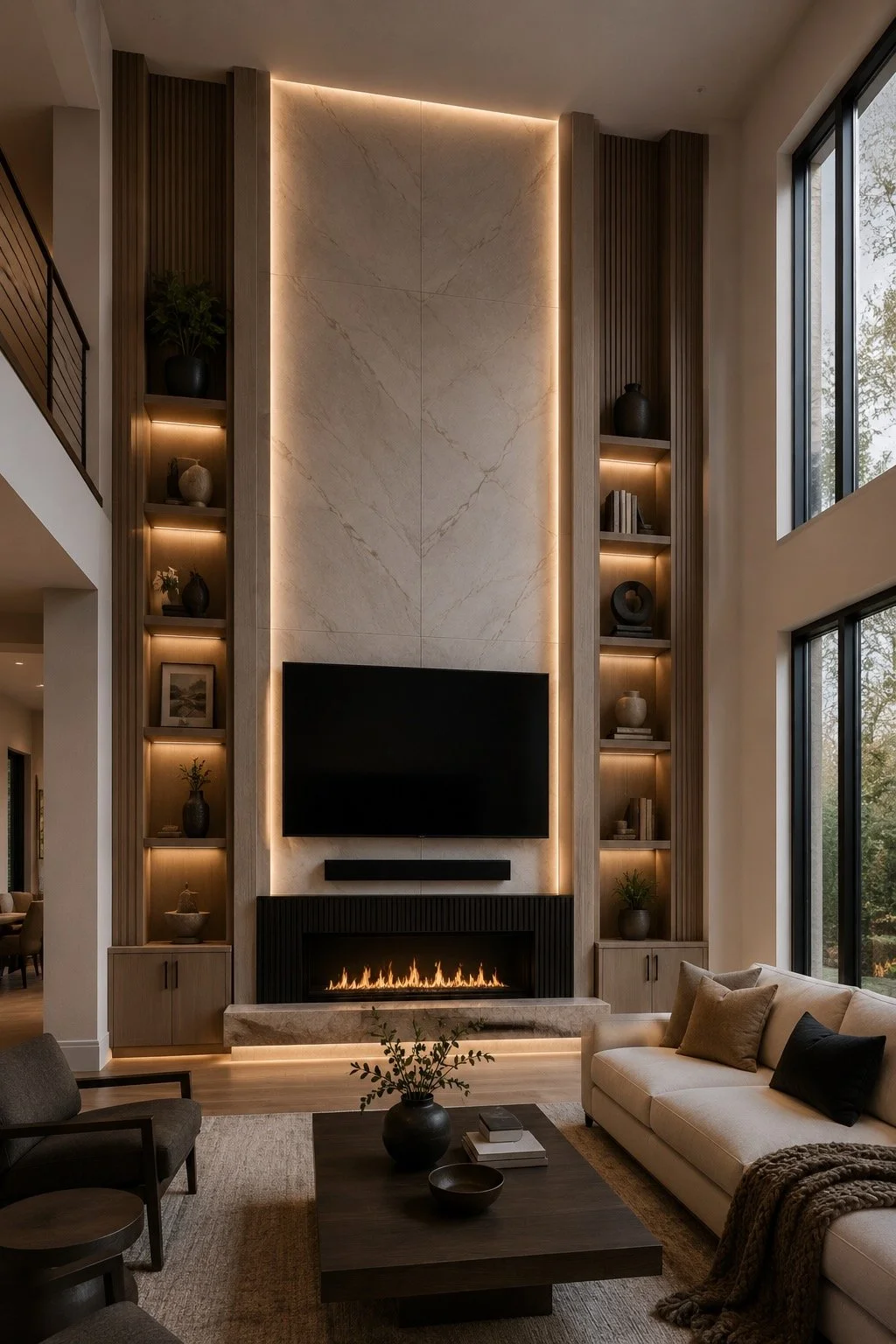 Double-height custom media wall with marble panels, illuminated shelving, built-in cabinets, large TV, and linear fireplace
