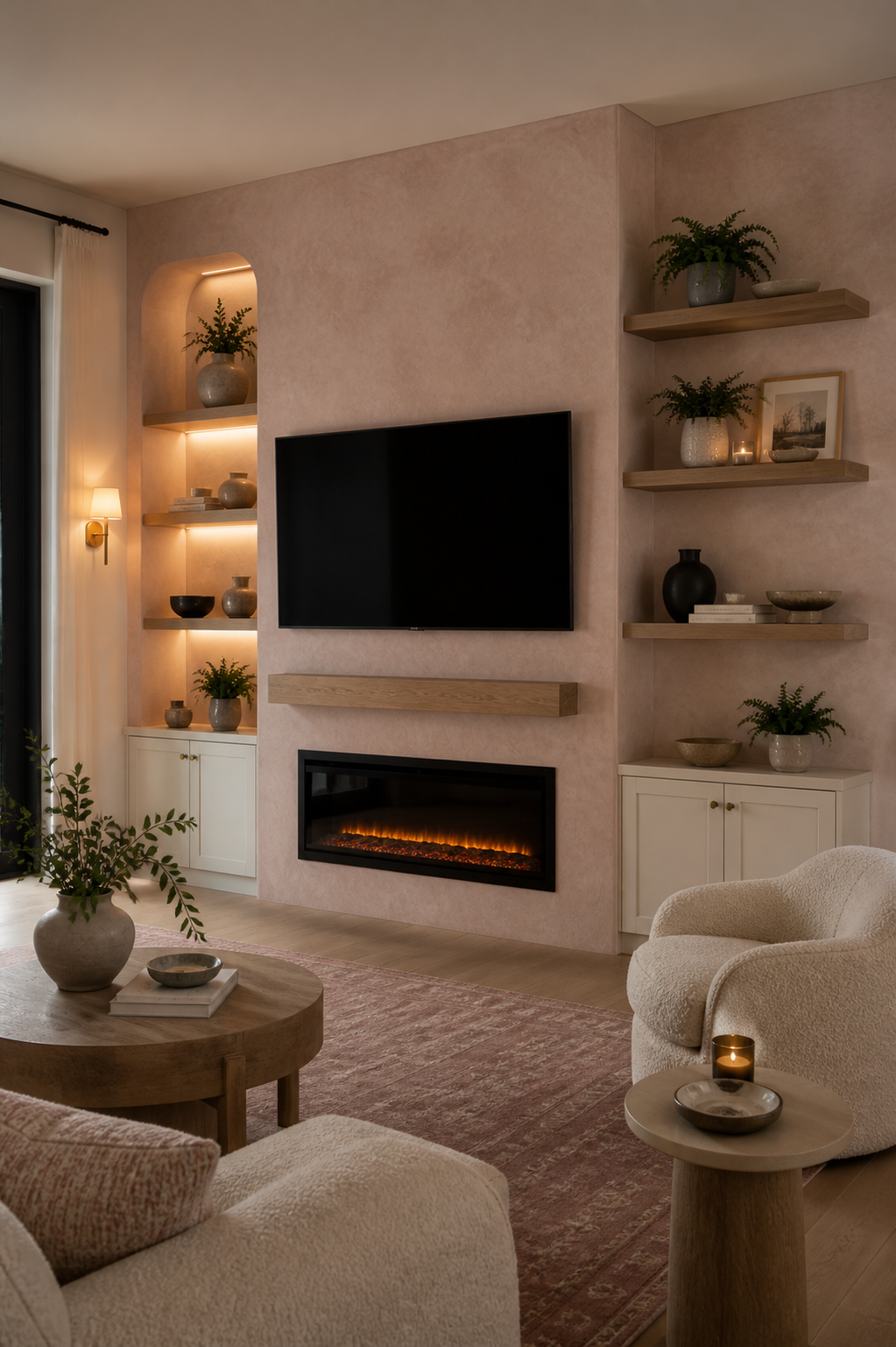 Living room with a mounted flat-screen TV above an electric fireplace, wood shelves with potted plants, decorative vases, candles, framed art, pillows, and a table with a vase and books, lit softly with warm ambient light.