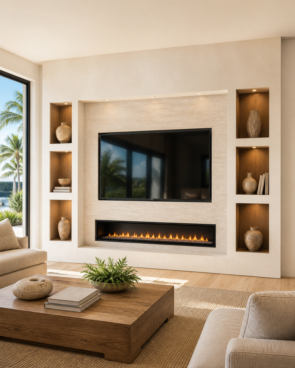 Living room with built-in wall TV and fireplace, surrounded by shelves with vases and books, large window showing palm trees and outdoor view, wooden coffee table with plants and books, beige sofas, sunlight