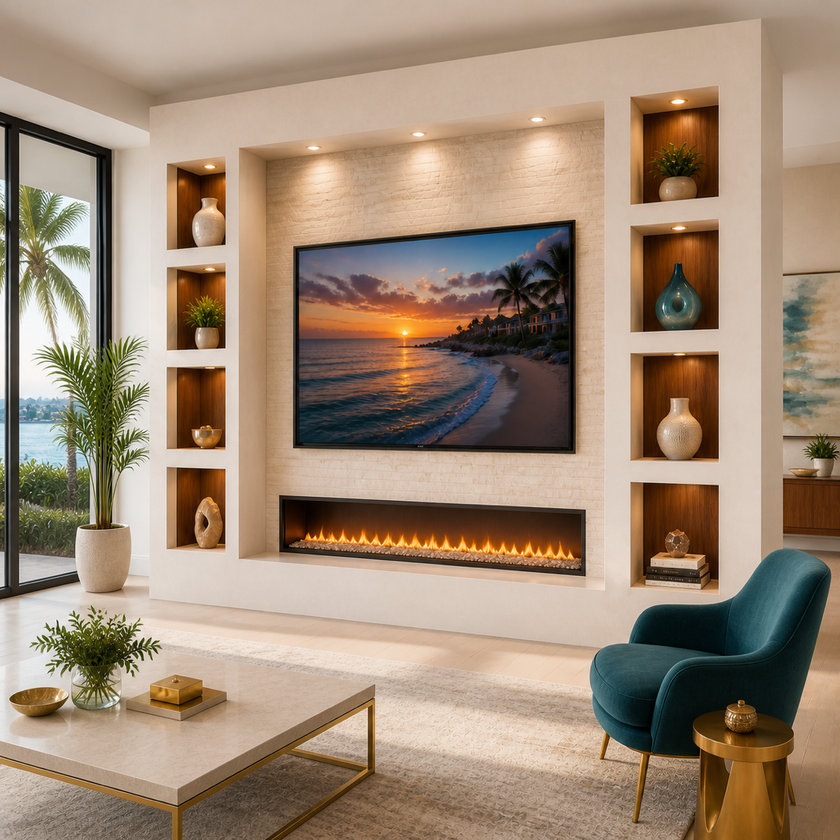Modern niche media wall with integrated fireplace, textured center, and illuminated walnut niches