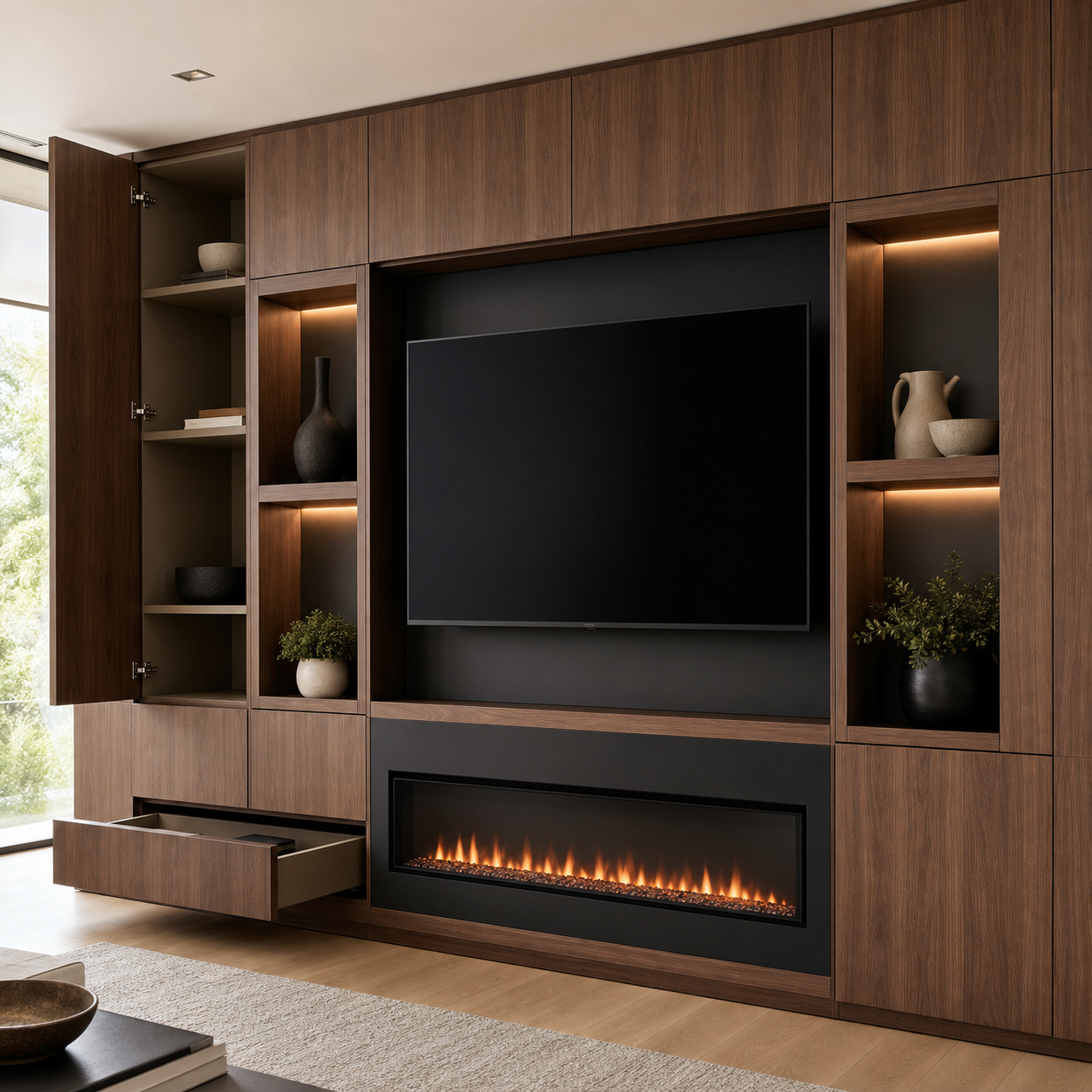 Living room with dark wood built-in entertainment center, open shelves with decorative vases and plants, a flat-screen TV, and an electric fireplace below it, near a large window with natural light.