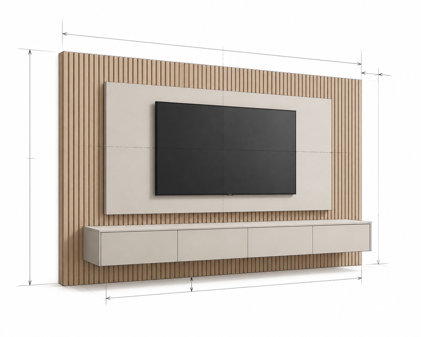 Architectural concept sketch of a layered floating TV panel, vertical slat wall, and low wall-mounted storage cabinet