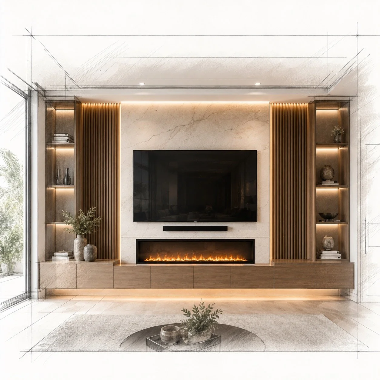 modern fireplace media wall with TV, floating cabinets, and LED lighting in a Florida home