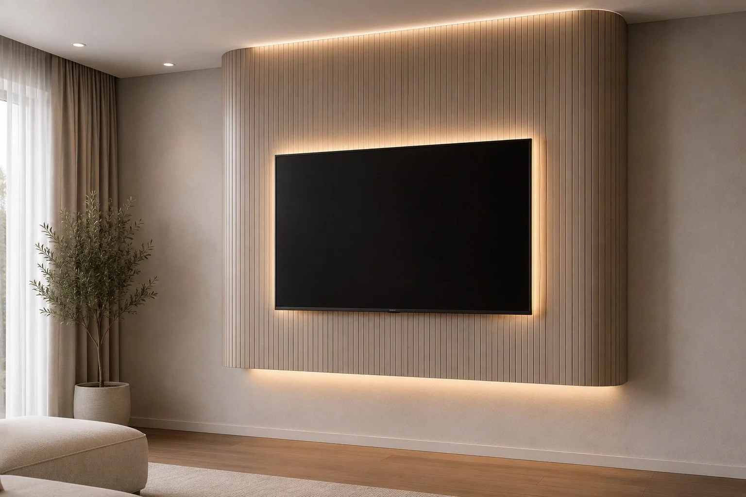 Close-up view of the A-004 Arc Deco Media Wall with a suspended rounded TV box, vertical decorative panels, warm LED backlighting, and open wall space below