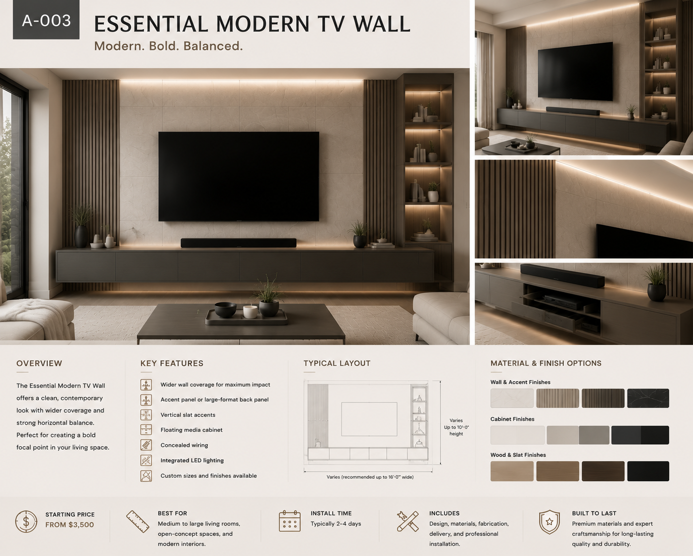 A-003 Essential Modern TV wall with wide wall coverage, textured panels, floating media cabinet, vertical accents, and integrated LED lighting
