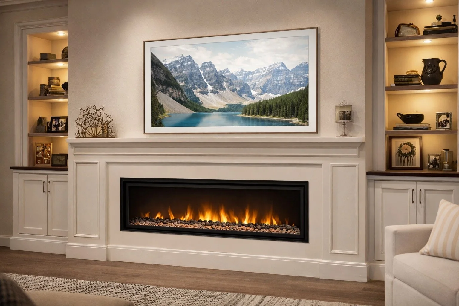 Living room with a white fireplace, framed mountain landscape picture, built-in shelves with decorative items, and a beige armchair.