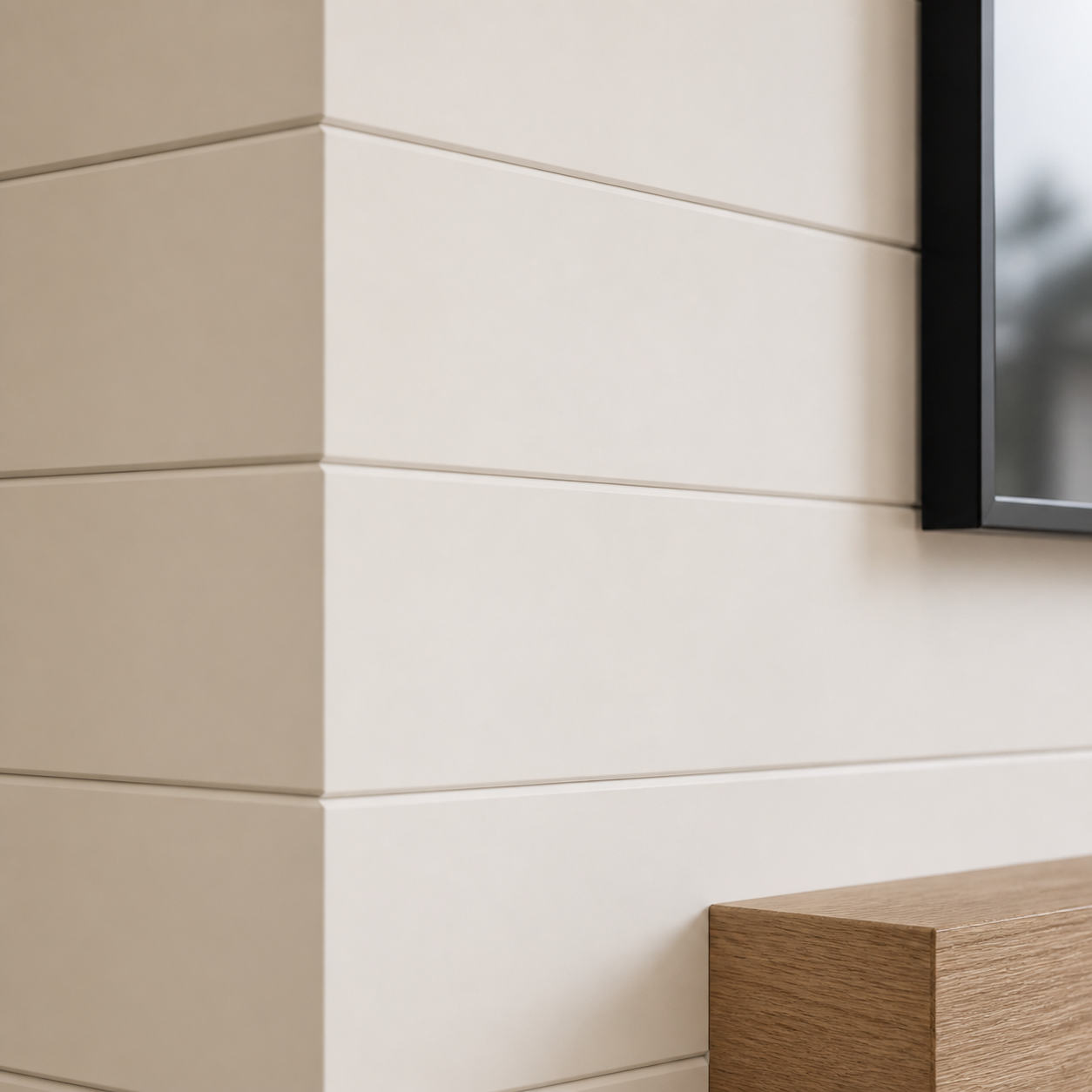Close-up of professionally painted white shiplap on the C2-002 fireplace media wall