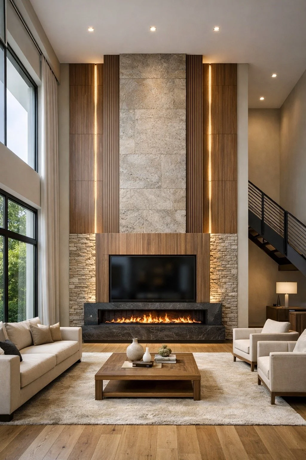 High ceiling media wall with limewash plaster finish, TV and linear fireplace in a Florida great room with 22 foot ceilings
