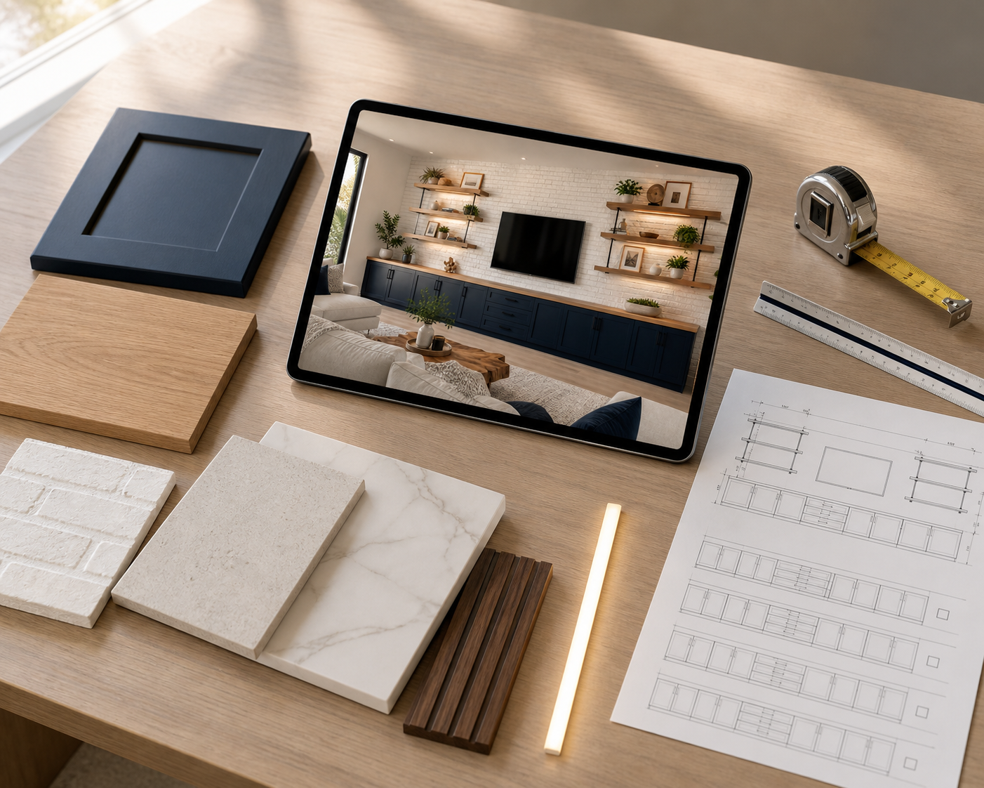 C3-001 entertainment wall design displayed on a tablet with cabinet, wood, decorative panel, lighting, and architectural planning samples