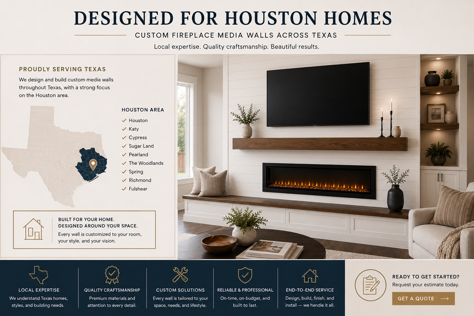 Houston service area graphic for custom shiplap fireplace media walls across Houston, Katy, Cypress, Sugar Land, Pearland, The Woodlands, Spring, Richmond, and Fulshear