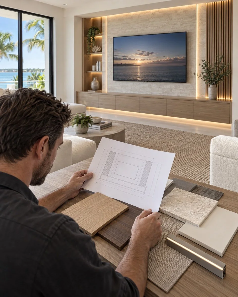 Media wall design specialist reviewing architectural drawings and material samples in a Melbourne, Florida home