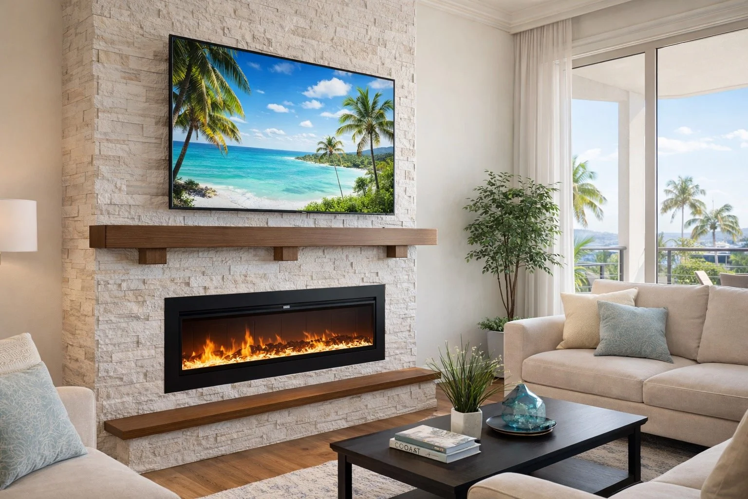 Living room with a white stone fireplace, a wall-mounted TV displaying a beach scene with palm trees, and large windows showing palm trees and a balcony outside. There is a potted plant, sofas with pillows, and a coffee table with books and decor.