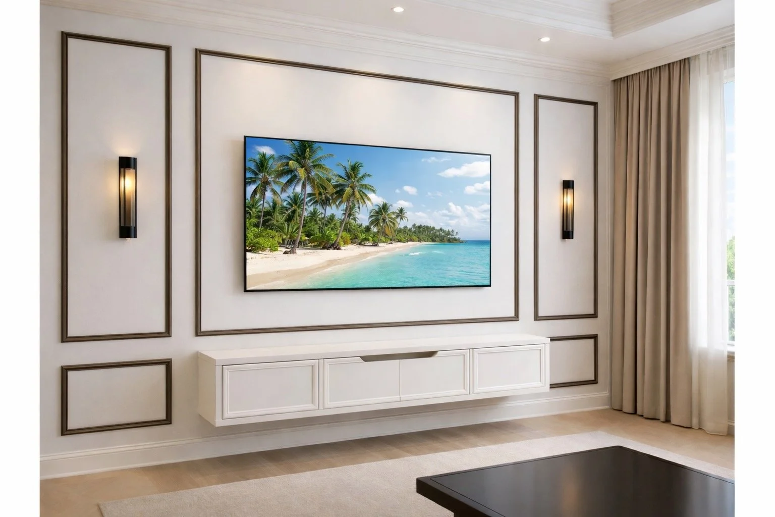 Living room with white walls, wall-mounted lights, a flat-screen TV displaying a beach scene, and a light-colored curtain on a window.