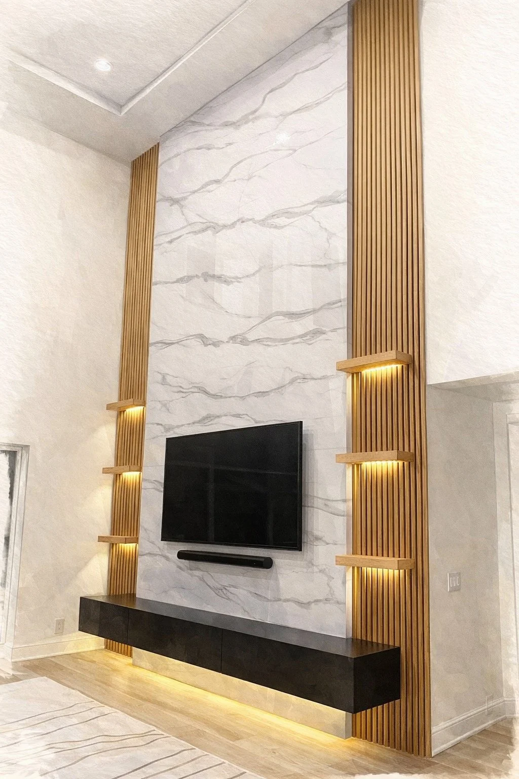 concept sketch of a high ceiling media wall with marble panels, wood slat accents, floating cabinet and illuminated shelves in a Tampa living room