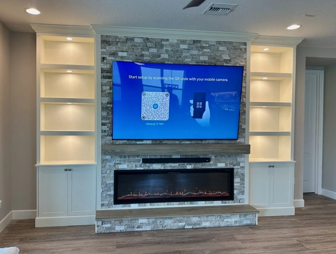 Stone Fireplace Media Wall with Custom Poplar Mantel – Cocoa Beach, Florida