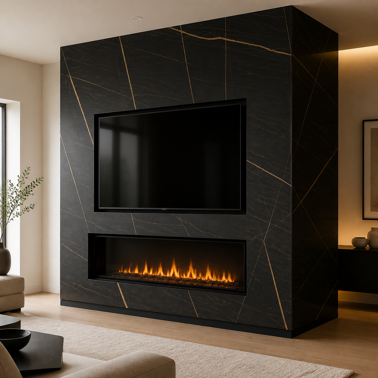Full-height Decorative Panel Fireplace Media Wall clad in black marble-look panels with integrated TV and fireplace