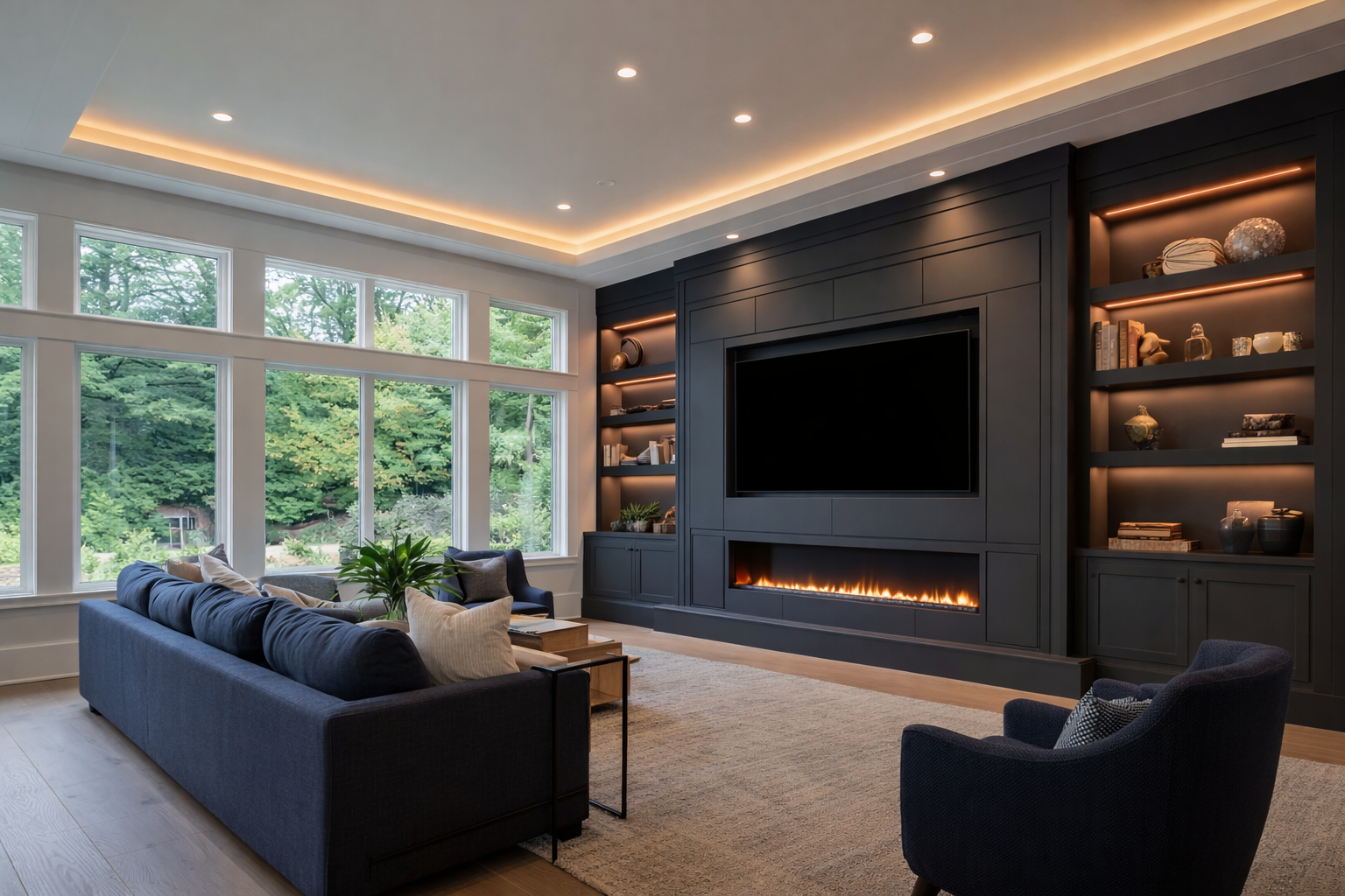 Modern living room with large windows showing green trees, dark blue sofa with pillows, black armchair, built-in dark wall unit with books and decorative items, a large flat-screen TV, and a linear fireplace, all illuminated by recessed lighting and natural light.