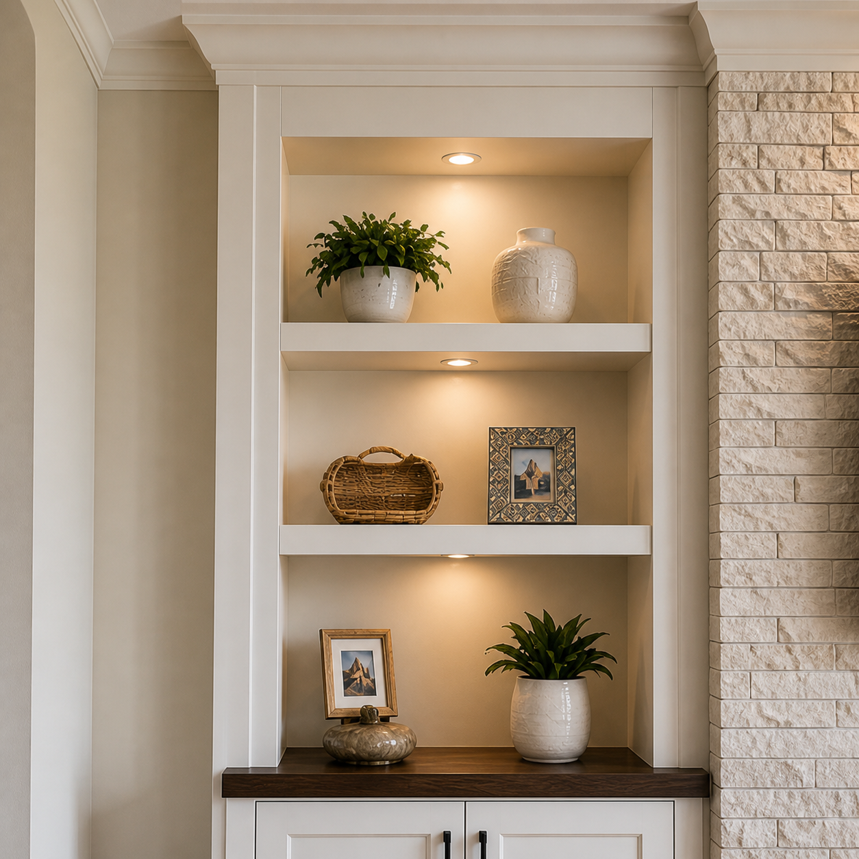 Custom open display niches with classic trim, recessed lighting, and a ledger stone edge